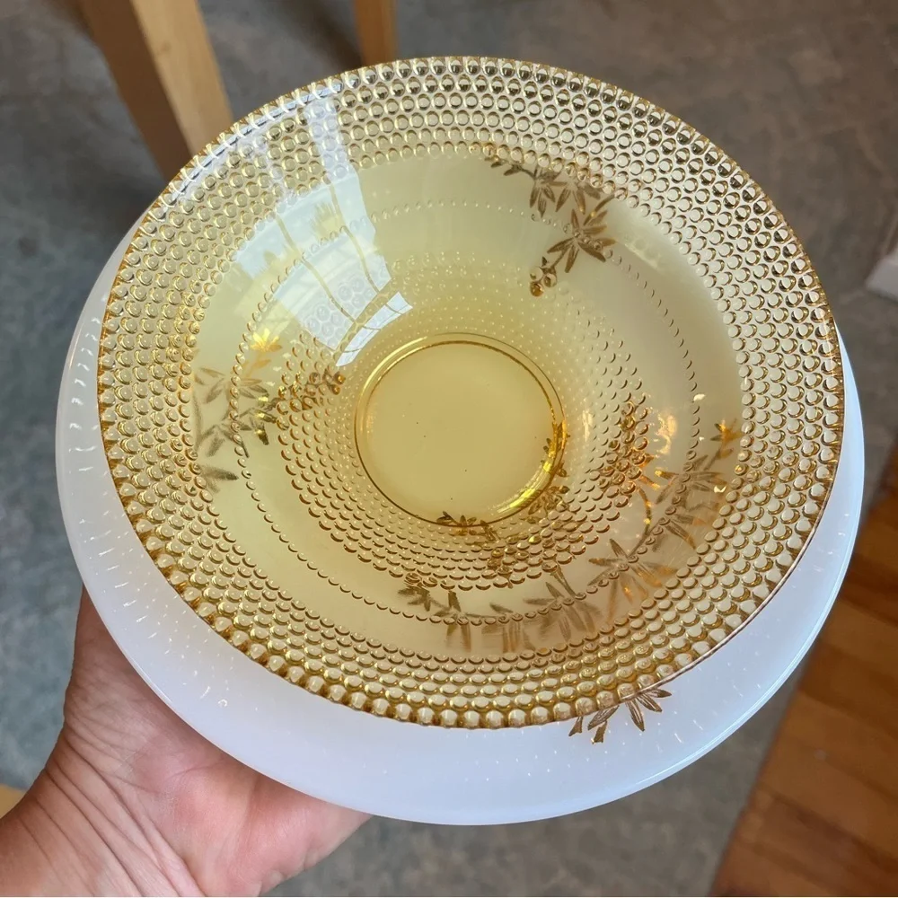 Beautiful Vintage Amber Glass Beaded Bowl and Federal White Milk Glass Bowl Set